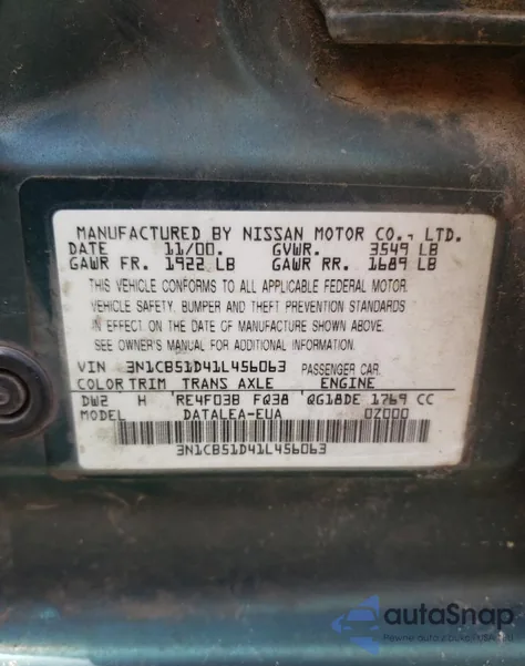 2001 Nissan Sentra Xe из США, поврежденный, VIN 3N1CB51D41L456063